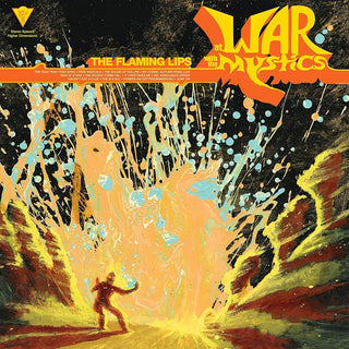 Album cover art for 'War at the Musics' by The Flaming Lips, featuring a dramatic abstract painting of a figure walking toward a bright orange and yellow explosion under a dark sky with blue paint splatters.