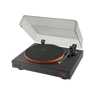 JBL record player with open lid on a white background