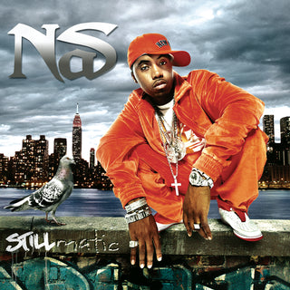NS's 'Stillmatic' album cover artwork featuring the artist in an orange tracksuit and red cap leaning on a concrete ledge with a city skyline and pigeon in the background.