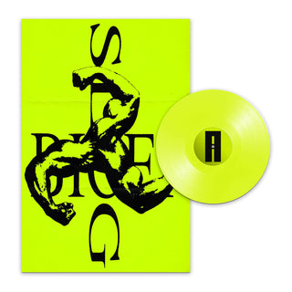 A neon yellow-green vinyl record partially overlapping a matching neon yellow-green sleeve with a black graphic of a flexing muscular figure and stylized text, on a plain white background.