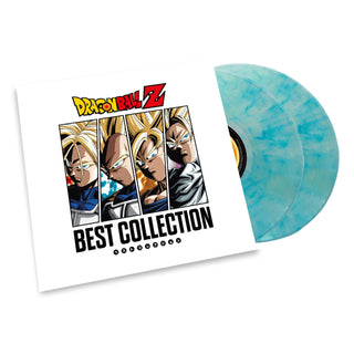 Dragon Ball Z Best Collection vinyl record album with a white illustrated cover and two translucent light blue marbled records partially visible, shown on a white background.
