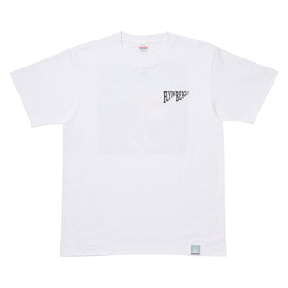 A white short-sleeve crewneck t-shirt with a subtle tonal graphic on the chest and a black 'FLYWEAR' logo printed on the left chest, displayed flat against a white background.