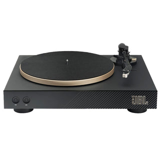 A JBL turntable in matte black with a metallic champagne-gold plinth and a black vinyl record cover, shown from a front three-quarter angle on a white background.