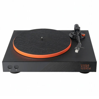 JBL turntable in matte black with a vibrant orange accent ring around the plinth and matching orange JBL logo on the front, shown on a clean white background.