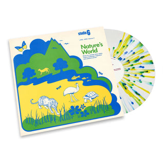 A vinyl record album titled 'Nature's World' by Studio G, featuring a colorful illustrated cover with green hills, blue water, animals, and a butterfly, alongside a partially visible multicolor record on a white background.