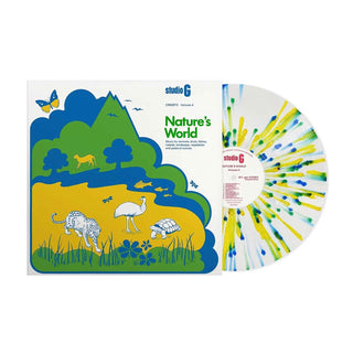 Studio G 'Nature's World' Connect Volume 5 vinyl record with its illustrated sleeve and a translucent record featuring colorful blue, green, and yellow paint splatters.